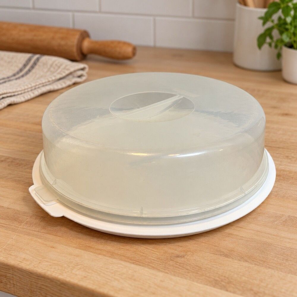 Round Plastic Cake Pie Container Carrier 11in White Clear w/ Handle Lid Tray Set